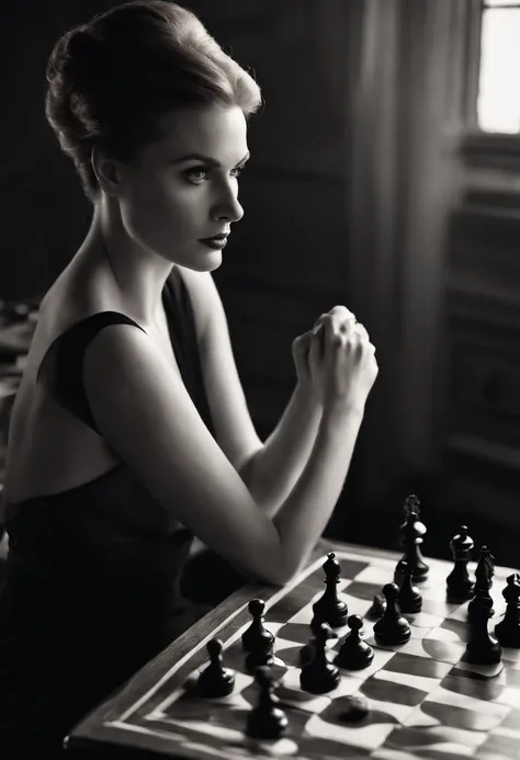 A black and white photo of Beth Harmons intense gaze as she studies a chess board,The Queens Gambit,She is beautiful with red hair and a pale complexion, often dressed in a chic, 1960s style that reflects her bold and precise personality. Her intense green...