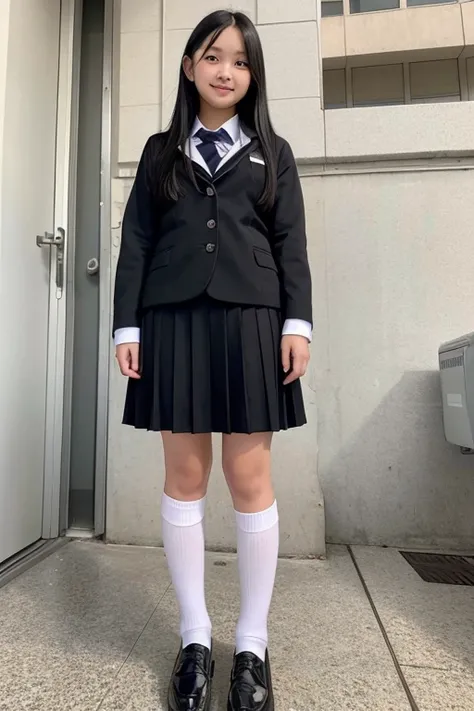 full body,from below,A 14-year-old junior high school girl with long black hair wearing a school uniform with a false smile,