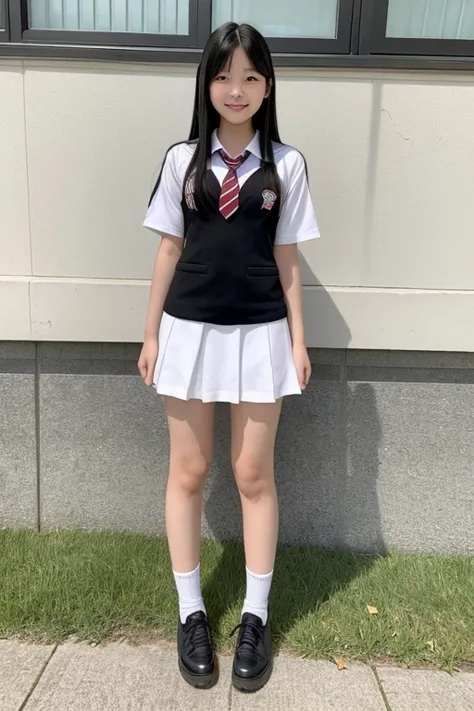 full body,from below,A 14-year-old junior high school girl with long black hair wearing a school uniform with a one eye closed,