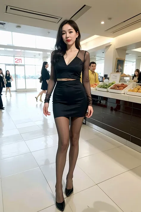 wavy and long hair，heavy  makeups，Redlip，white skinned，mature， legs long，The whole body can be seen，Ultra-thin flesh-colored pantyhose，In luxury shopping mall，Have a well-proportioned figure，Skin color pantyhose，Temperament long sleeves，legs long，Very shor...