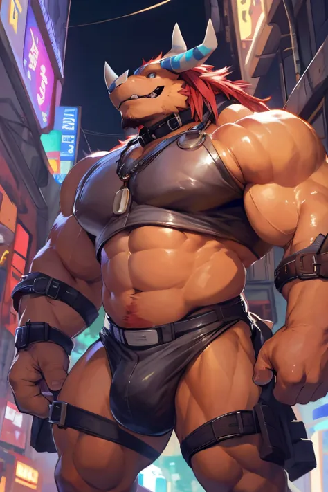 Obra de arte subido del E621(por null-ghost, por darkgem, por kumak), Digimon (Wargreymon), seguro, Marcas, semi desnudo ojos verdes, masculino, solamente, Lleva taparabo rojo solamente, muscular, collar, capricho, Noche, Ciudad, Tokio, calle, Akihabara, N...