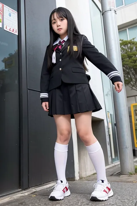 full body,from below,A 14-year-old junior high school girl with long black hair wearing a school uniform with a scared