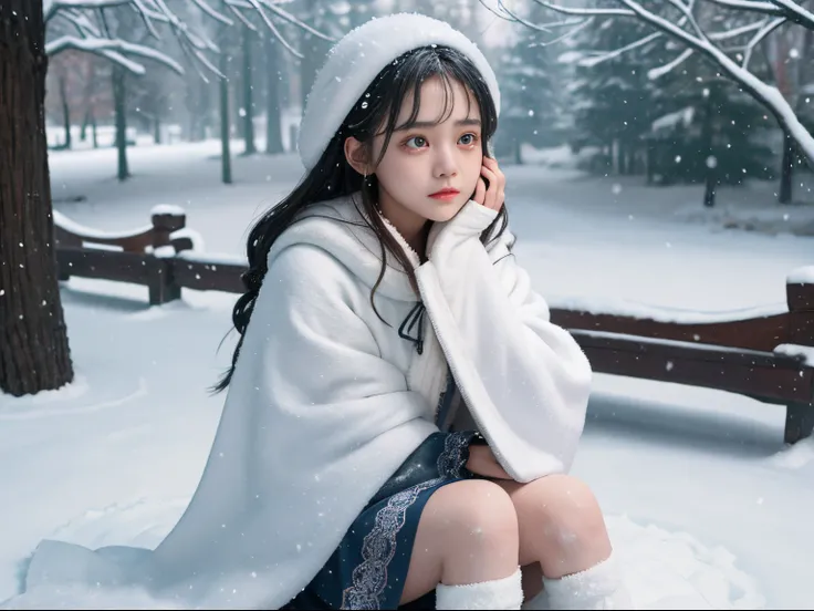 ((Works of masters))，(超A high resolution)，1 girl,Glowing eyes，Tears of sadness， Sitting, Lolita costume，cloaks (Snow, Snow，Outdoor activities in winter:1.2),