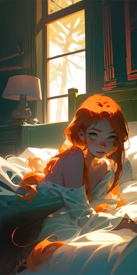 Anime style art, pale woman, light ginger hair, wavy hair texture, dark forest green eyes, dark brown freckles, pheonix wings, orang wings, thin eyes, small eyes, eyes half closed, side smirk, naked, , laying on bed