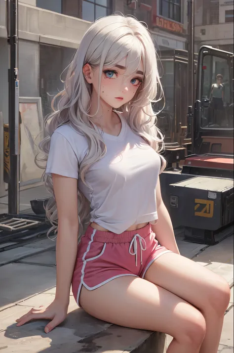 (Masterpiece, realistic, high resolution), (1 girl): 1.2), Korean, ((white wavy hair): 1.3), (heterochromic eyes: 1.1, thick eyebrows, small moles under the eyes), tie, (white shirt, pink sports shorts), ((medium breasts): 1.2, long legs), outdoors, gym, n...