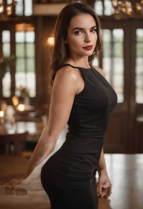 A beautiful woman with a big elastic butt, Posing for the camera in a tight BLACK DRESS......,muy detallado, hermoso cuerpo y cara, se parece al original, Pelo rojo, en restaurante