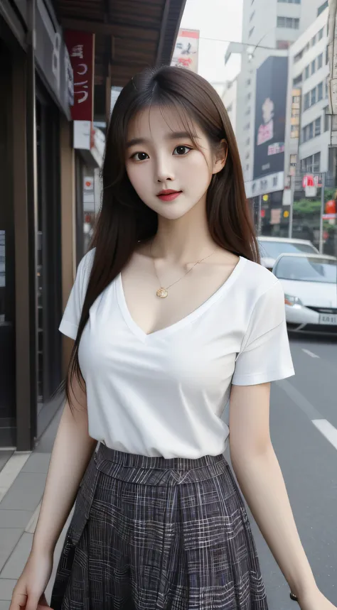 Araf woman in white shirt and plaid skirt walking on the street, gorgeous young korean woman, Korean female fashion model, beautiful Korean women, Korean girls, beautiful young korean woman, korean woman, Wearing a white V-neck top, casual clothing style, ...