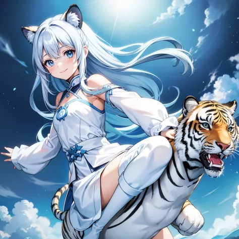 A girl in a white dress riding a tiger, Light blue long hair、Twin-tailed、adorable smiling、steppe