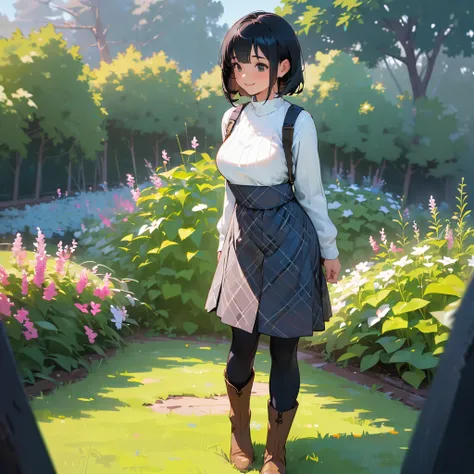 (High quality, High resolution, Ultra-detailed, Realistic:1.37), peaceful ambiance, (plein air, garden), Teenage girl standing alone, (My breasts are big.), Beautiful detailed features, Cute smile, (Black bob hair), Rib Sweater, blue plaid skirt, Black tig...