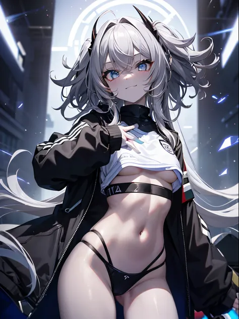 (tmasterpiece,Best quality at best,ultra - detailed),1个Giant Breast Girl,pervert smirk, glowing light eyes,white colors、Silvertone、gray hair and black hair,curlies,(messy hair style),oni&#39;s corner,Crop top, jaket,(colored skin,Blue-gray skin), beautiful...