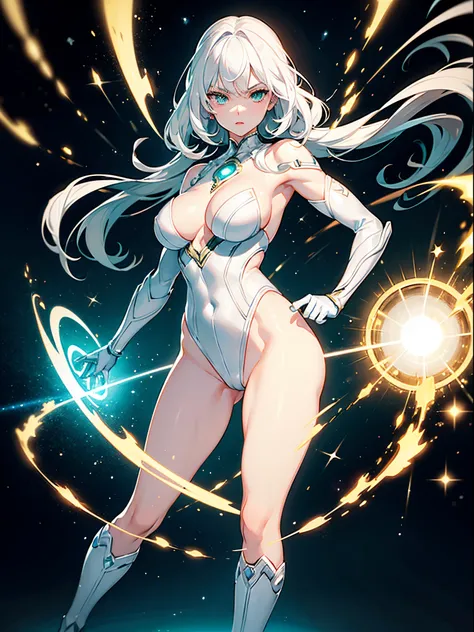 1girl, beautiful detailed eyes, superhero, mature woman, white hair, green eyes, beautiful detailed eyes, leotard, bare legs, boots, gloves, atoms, glowing body, light surrounding her body, light particles, space backdrop, standing, hand on hip, perfect an...