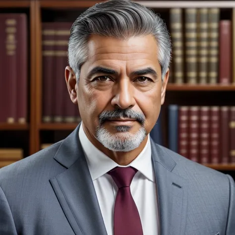 (best quality,4k,highres),portrait,man,Latino president,aged 59,short gray hair,trimmed beard,posing confidently in classic office,dark blue suit,burgundy tie,serious expression,natural lighting,authentic vintage look,vivid colors,highly realistic details,...