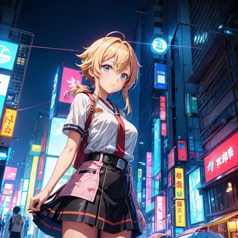 Colorful avatar of female character in anime style. With anime《oshinoko》have obvious characteristics. The scene takes place in a futuristic city with flashing neon lights. The environment is exciting and adventurous. Digital camera with camera set to low I...