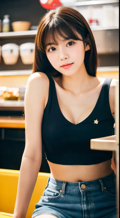 Realistic photo of (1 cute Korean star) ahoge, 32 inch bust size, v-neck crop top, shorts, sitting in the burger shop, reflection light, bokeh, f/1.2, 135mm, Nikon, UHD