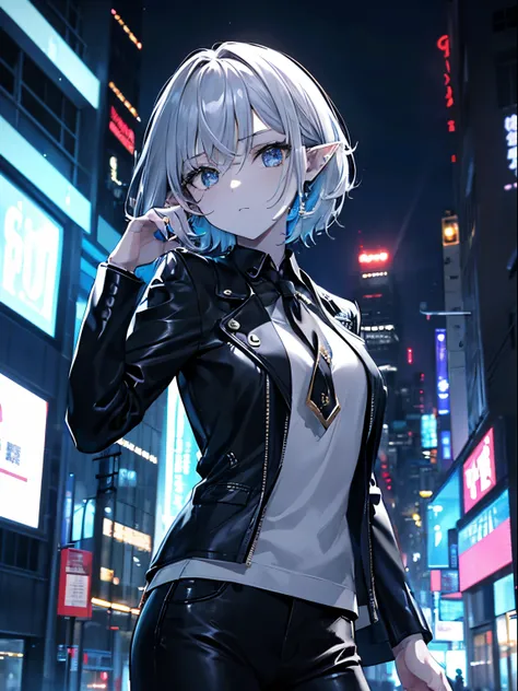 (tmasterpiece, Best quality at best, 超高分辨率),1个Giant Breast Girl,short detailed hair,(colored skin,Reference skin),pointy ears,oni&#39;s corner,beautiful and detail face, A detailed eye,Rock fashion,jaket, Open jacket, black shirt,Have on the street,the nig...