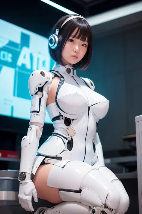 (RAW photo)1woman, japaese cyborg woman, image ,plump , white boots,announcer,headset,control panel,activate,squat,android,robot,mechanical hand,white clothes, bodysuit,taut_clothes,medium breast,clothes with a sense of mechanical technology, robotic arms ...