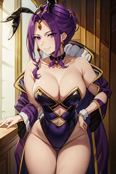 Mirellia Q melromarc, purple bunny costume, purple hair, bunny ears, bare leg, sure face, smiling, bishoujo, sexy, choker, strapless, masterpiece