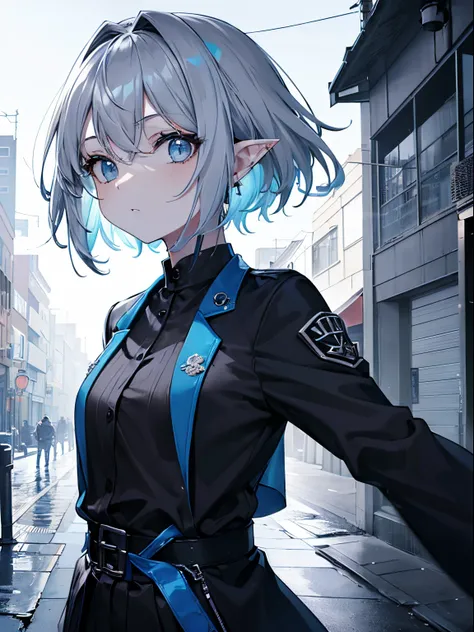 (tmasterpiece, Best quality, 超高分辨率),1 busty girl,Short hair details,(colored skin,Reference skin),pointy ears,their&#39;s angle,beautiful and detail face, A detailed eye,Rock fashion,jaket, Open jacket, black shirt,On the street,natta,((grey and blue theme...