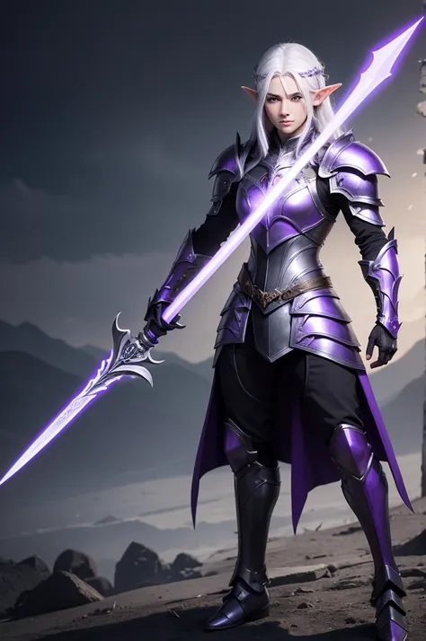 An Elf with white hair, purple eyes, wearing black full armor, full body pose, holding a spear in both hands