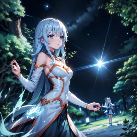 ((ultra-detailliert)), ((Best Illustration)), ((Movie Lighting)), Dynamic Angle, floating, Fine, (The Flash: 1.2), (shine: 1.2), (shine: 1.2), "(Best Quality), Super detailed depiction of a beautiful girl, Light blue long hair、Twin-tailed、 Fantastic backgr...