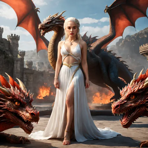 Game of Thrones Heroine，Daenerys Targaryen，Royal_Dragon，（highly detailed CG Unity 8k wallpaper，tmasterpiece，Best quality，Ultra - detailed，beautiful detailed eyes：1.2），best lighting，（Best shadow，extremely refined and beautiful ，Full bloom），The girl is surro...