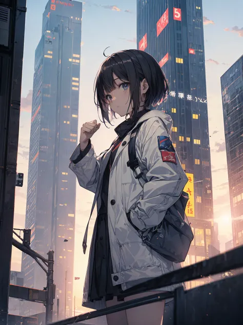 Ninjas are... cool and... fast.！God quality,  anime moe artstyle,best anime 8k konachan wallpaper,badass anime 8k,perfect anatomy, (Please draw a picture of a ninja girl looking down on the city from the rooftop.)from diagonally above,dutch angle,break, 1g...