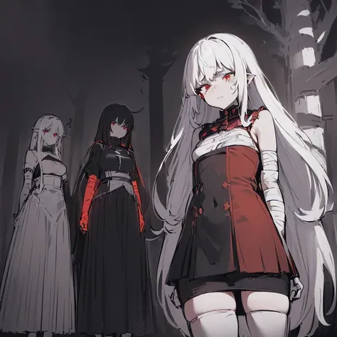 ((4 women, of different sizes,((bandages, breasts, mini skirt, small breasts,((very long black and white hair, black and red eyes, hopeless face)),((standing, 1 arm behind the back )),in a haunted forest, at night,