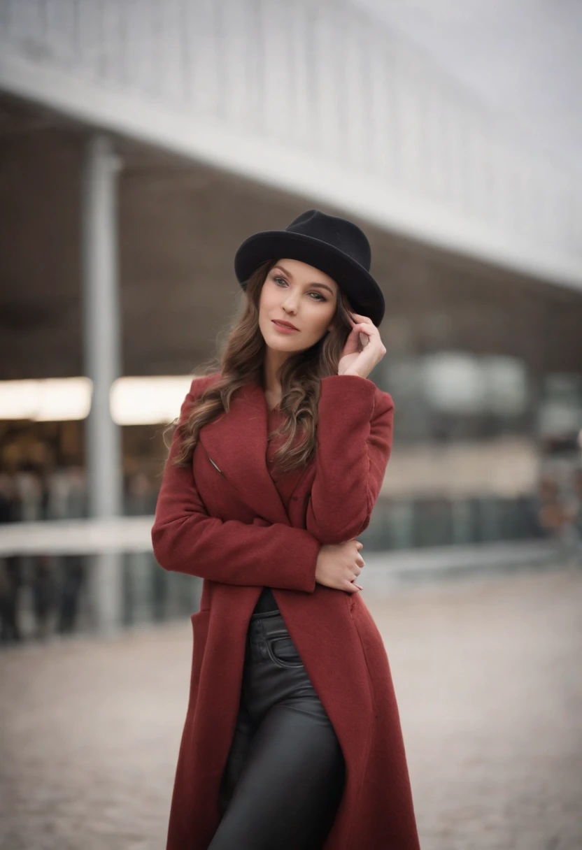 A beautiful woman with a big elastic butt, POSING FOR THE CAMERA IN A PORTRAIT WITH WOOL JACKET AND HAT AND LONG TIGHT PANTS......,muy detallado, hermoso cuerpo y cara, se parece al original, Pelo rojo, en el aeropuerto