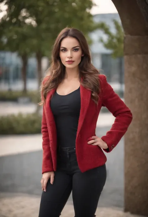 A beautiful woman with a big elastic butt, POSING FOR THE CAMERA IN A PORTRAIT WITH WOOL JACKET AND HAT AND LONG TIGHT PANTS......,muy detallado, hermoso cuerpo y cara, se parece al original, Pelo rojo, en el aeropuerto