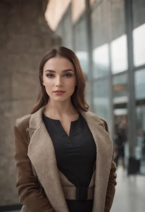 A beautiful woman with a big elastic butt, POSING FOR THE CAMERA IN A PORTRAIT WITH WOOL JACKET AND HAT AND LONG TIGHT PANTS......,muy detallado, hermoso cuerpo y cara, se parece al original, Pelo rojo, en el aeropuerto