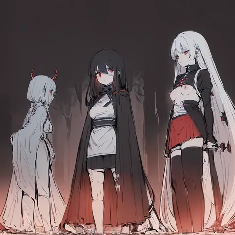 ((4 women, of different sizes,((bandages, breasts, mini skirt, small breasts,((very long black and white hair, black and red eyes, hopeless face)),((standing, 1 arm behind the back )),in a haunted forest, at night,