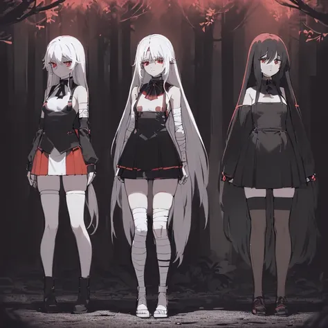 ((4 women, of different sizes,((bandages, breasts, mini skirt, small breasts,((very long black and white hair, black and red eyes, hopeless face)),((standing, 1 arm behind the back )),in a haunted forest, at night,