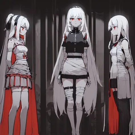 ((4 women, of different sizes,((bandages, breasts, mini skirt, small breasts,((very long black and white hair, black and red eyes, hopeless face)),((standing, 1 arm behind the back )),in a haunted forest, at night,