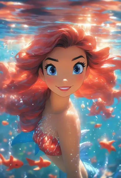 (best quality, masterpiece:1.2), ultra-detailed, realistic:1.37, portraits, Ariel the Little Mermaid of Disney, exquisite facial features, long flowing red hair, captivating blue eyes, delicate nose and lips, flawless skin, shimmering scales on her tail, i...