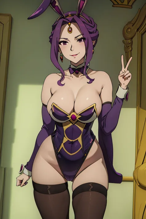 Mirellia Q melromarc, purple bunny costume, purple hair, bunny ears, bare leg, sure face, smiling, bishoujo, sexy, choker, strapless, masterpiece