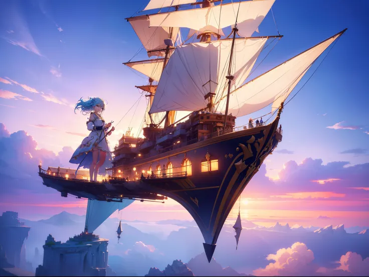 1 cute girl, floating sky , (floating sky sailing ship), concept art, fantasy art, cowboy shot, character focus, smile, cinematic lighting, high resolution,(incredibly absurdres) ,extremely detailed CG unity 8k wallpaper, ((masterpiece)), ((top-quality)), ...