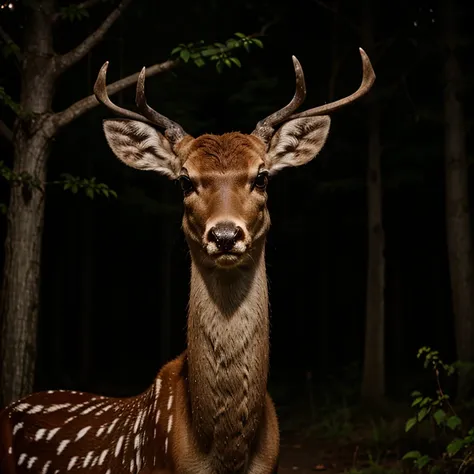 Deer with really long neck in woods at night glowing eyes