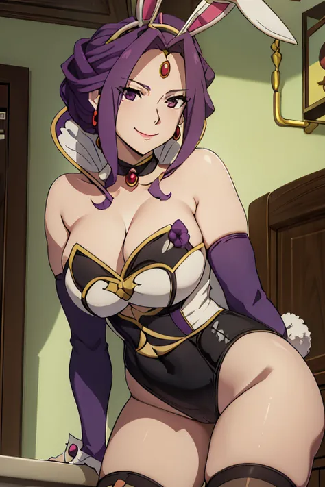 Mirellia Q melromarc, purple bunny costume, purple hair, bunny ears, bare leg, sure face, smiling, bishoujo, sexy, choker, strapless, masterpiece