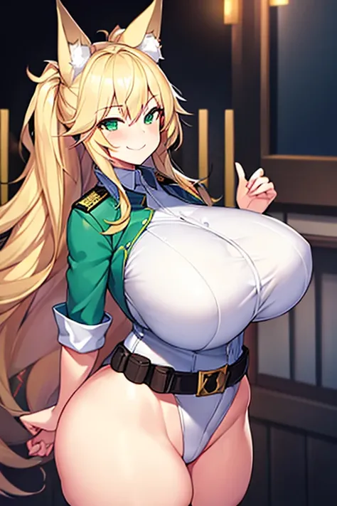 1girl, huge breasts, thick thighs, wide hips, blonde hair, long hair, fox ears, green eyes, fox tail, police, police hat, policewoman, white uniform, white clothes, smile, smirk, smug, leotard, belt,