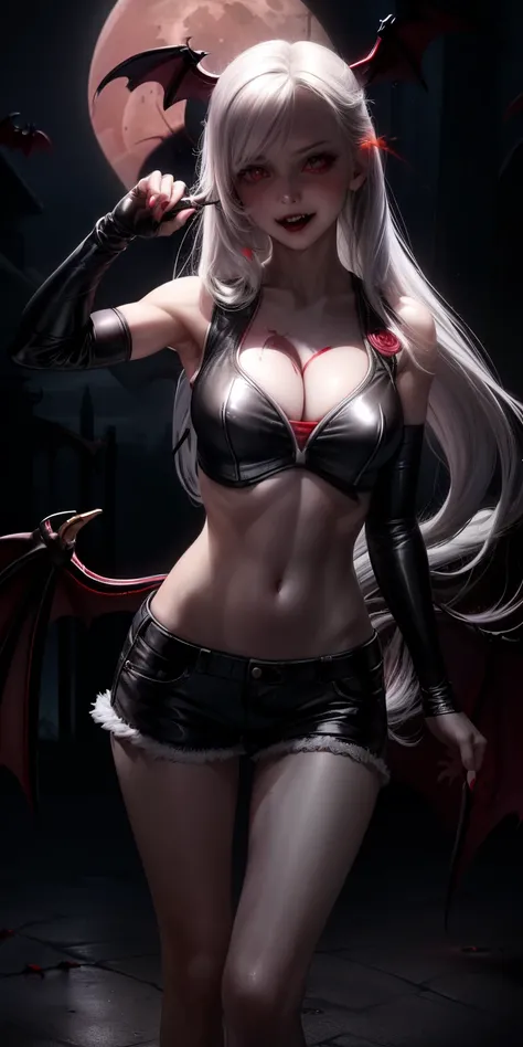 realistic, 1girl, (vampire girl:1.4), white hair, (red eyes), glowing eyes, slit pupils, (blood, blood splatter), crop top, cleavage, short shorts, collarbone, parted lips, fangs, makeup, blush, night, reflection, full moon, moonlight, rose, castle, shadow...