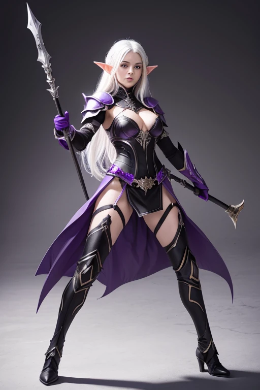 An Elf female with white hair, purple eyes, wearing black full armor, full body pose, holding a spear in both hands