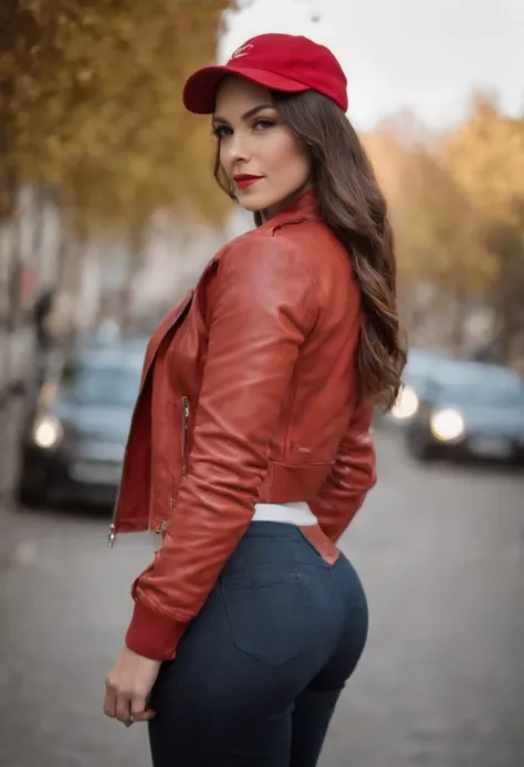 A beautiful woman with a big elastic butt, POSING FOR THE CAMERA IN A PORTRAIT WITH JACKET AND CAP AND LONG TIGHT PANTS......,muy detallado, hermoso cuerpo y cara, se parece al original, Pelo rojo, en ROMA