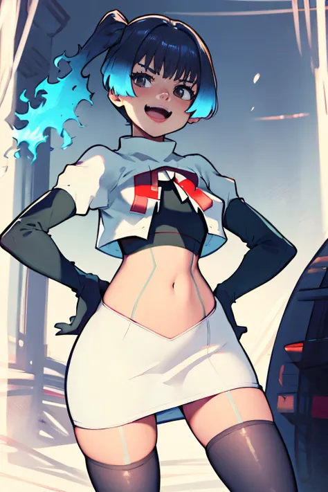 face of sena (xenoblade), 1girl,team rocket,team rocket uniform, red letter R, white skirt,white crop top,black thigh-highs,black elbow gloves,evil laugh , hands on hips