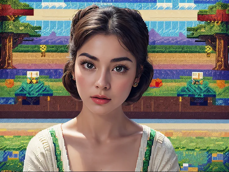 solo woman, raw photo in a sequence, selfie, she is looking at camera surprised , eyebrows raised, the background is (vintage 8-bit pixel art landscape:1.7), (shes realistic and background is pixel art landscape) and we see every detail of her incredible f...