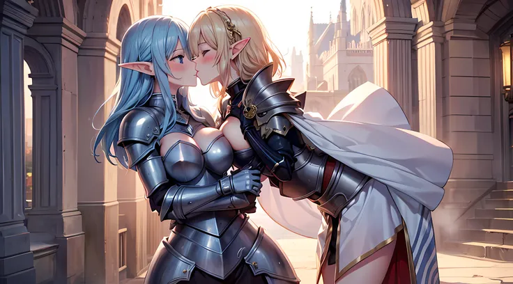 masterpiece, best quality, 2 elf girls, (kissing), (groping), blushed face, mischievous facial expression, female knight armored...