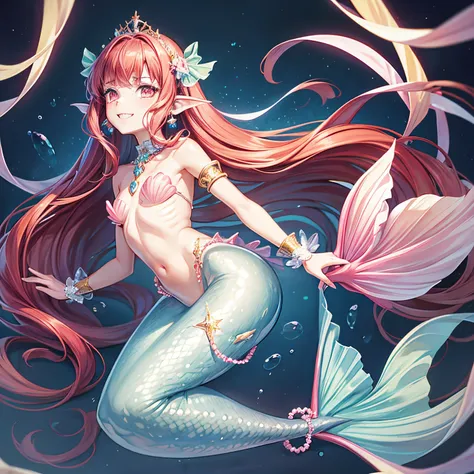 Pretty 15 years old princess magically transformed into a beautiful mermaid, race swap, none human, fish like, long mermaid tail below waistline, pointy ears, red fish scales on skin, drawn in anime style, very long red hair, sharp teeth, is smiling, pink ...