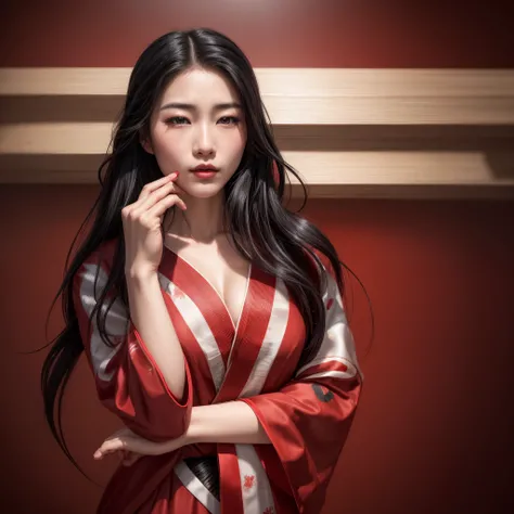 a beautiful Japanese woman, with flowing black hair, full breasts, full lips, beautiful eyes, wearing a red robe, beautiful realistic art, exquisite hyperrealistic digital art, beautiful stunning photorealistic digital art, beautiful engraving of a geisha ...