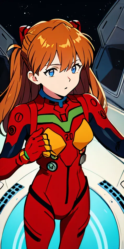 pov(from above), dynamic angle, ultra detailed, illustration, closeup, straight, 1girl, alone ((souryuu asuka langley, interface headset, red suit: 1.4, light reddish orange)),Her eyes shone like dream stars,blue eyes,(bright eyes:1.233),(beautiful and det...