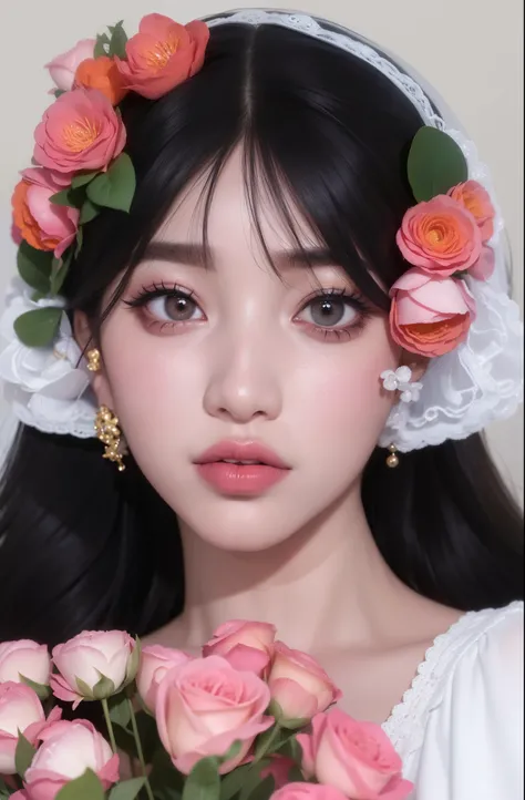 um close up de uma mulher preta, mulher negra sem sombras, no shadows,kpop makeup, kpop style lipstick, kpop style eyeshadows, idolo de kpop, kpop idol, jang wonyoung, jisoo, com uma flor no cabelo, No eyelashes, without eyelashes, lip gloss, brilho labial...