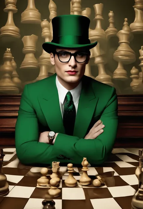 A grandiose chessboard with intricately carved pieces, set for a dramatic game,Batman,Ed is tall with neat black hair, glasses, wears a green suit, wears a bowler hat, famously portrayed by Cory Michael Smith